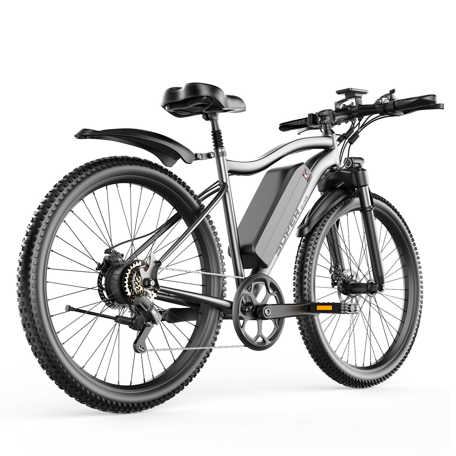 E-Bike von hinten. Schwarze Reifen, Schutzbleche, Gangschaltung und Akku. Grauer Rahmen.