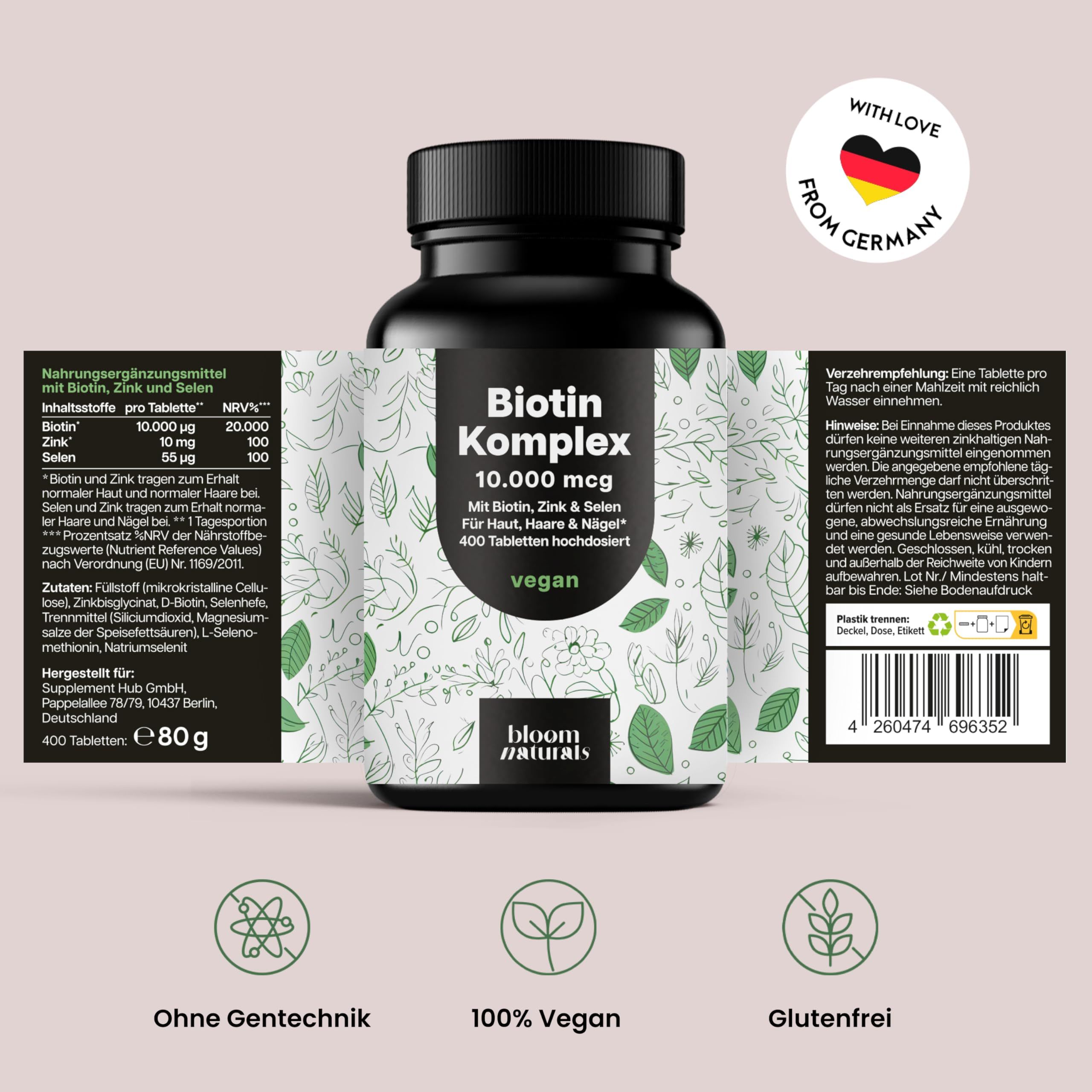 Flasche mit Etikett. Text: Biotin Komplex 10.000 mcg. Enthält Biotin, Zink & Selen. 400 Tabletten. Vegan. Text: Ohne Gentechnik, 100% Vegan, Glutenfrei.
