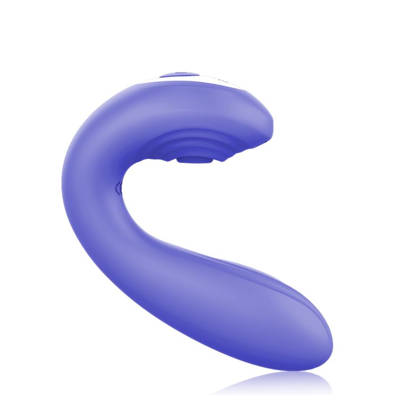 Lila Vibrator, U-förmig. Oberseite mit Bedienfeld. CE-Kennzeichnung.