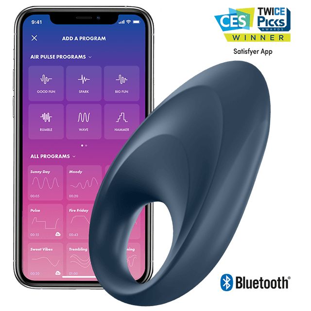 Blauer Ring neben Smartphone mit App-Anzeige. Text: Satisfyer App, Bluetooth.