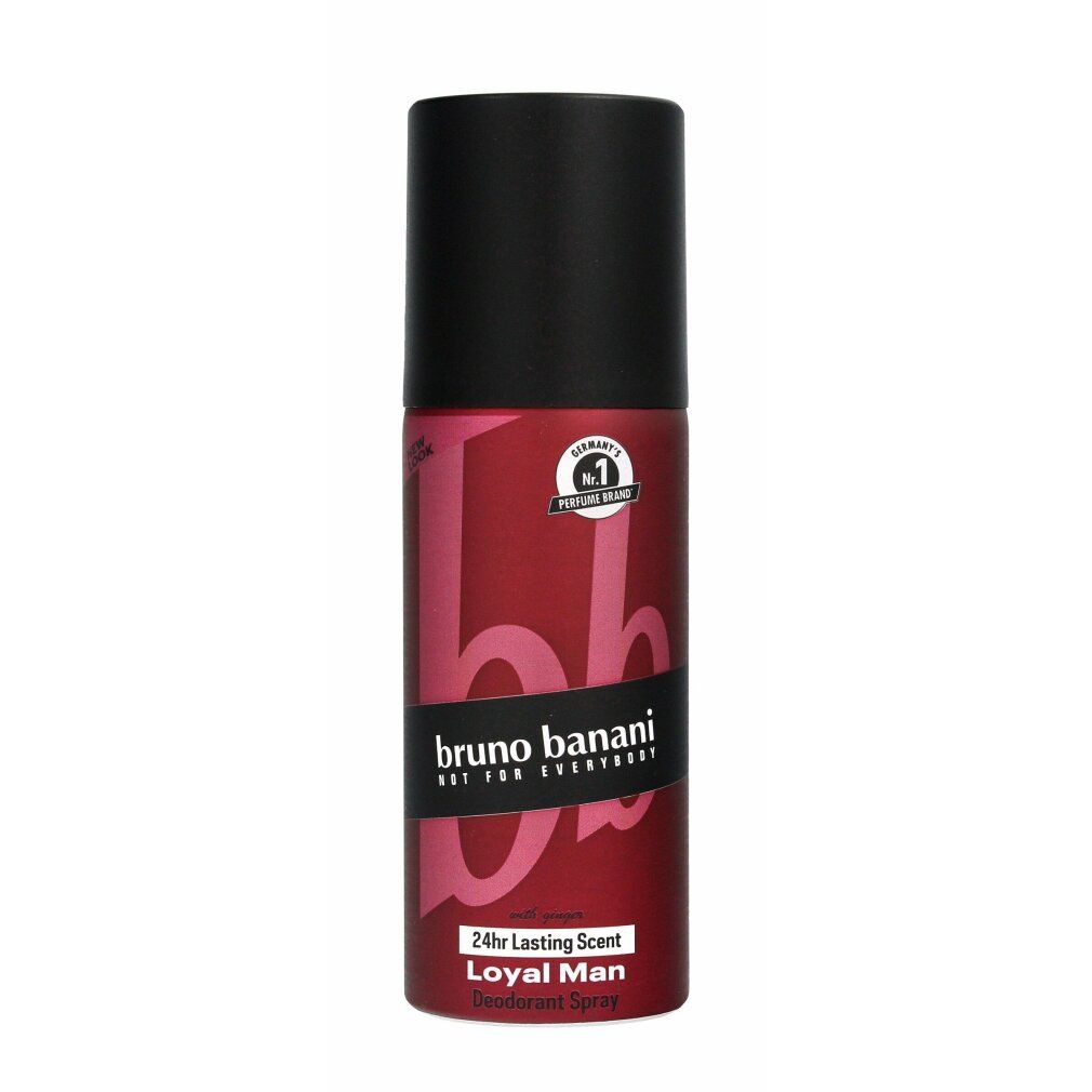 Deospray Loyal Man von Bruno Banani. Rote Dose mit schwarzem Deckel. Aufschrift: Bruno Banani, Loyal Man, 24h Lasting Scent.
