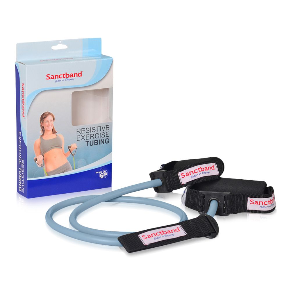 Sanctband Resistive Exercise Tubing. Blaue Übungsröhre mit Griffen und Verpackung.