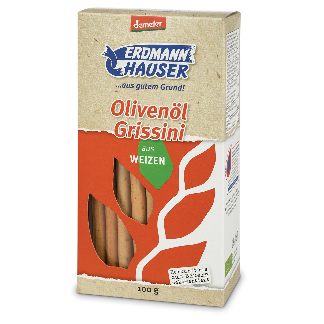 Verpackung mit Olivenöl Grissini aus Weizen. Aufschrift: Erdmann Hauser, Demeter. 100g. Herkunft bis zum Bauern dokumentiert.