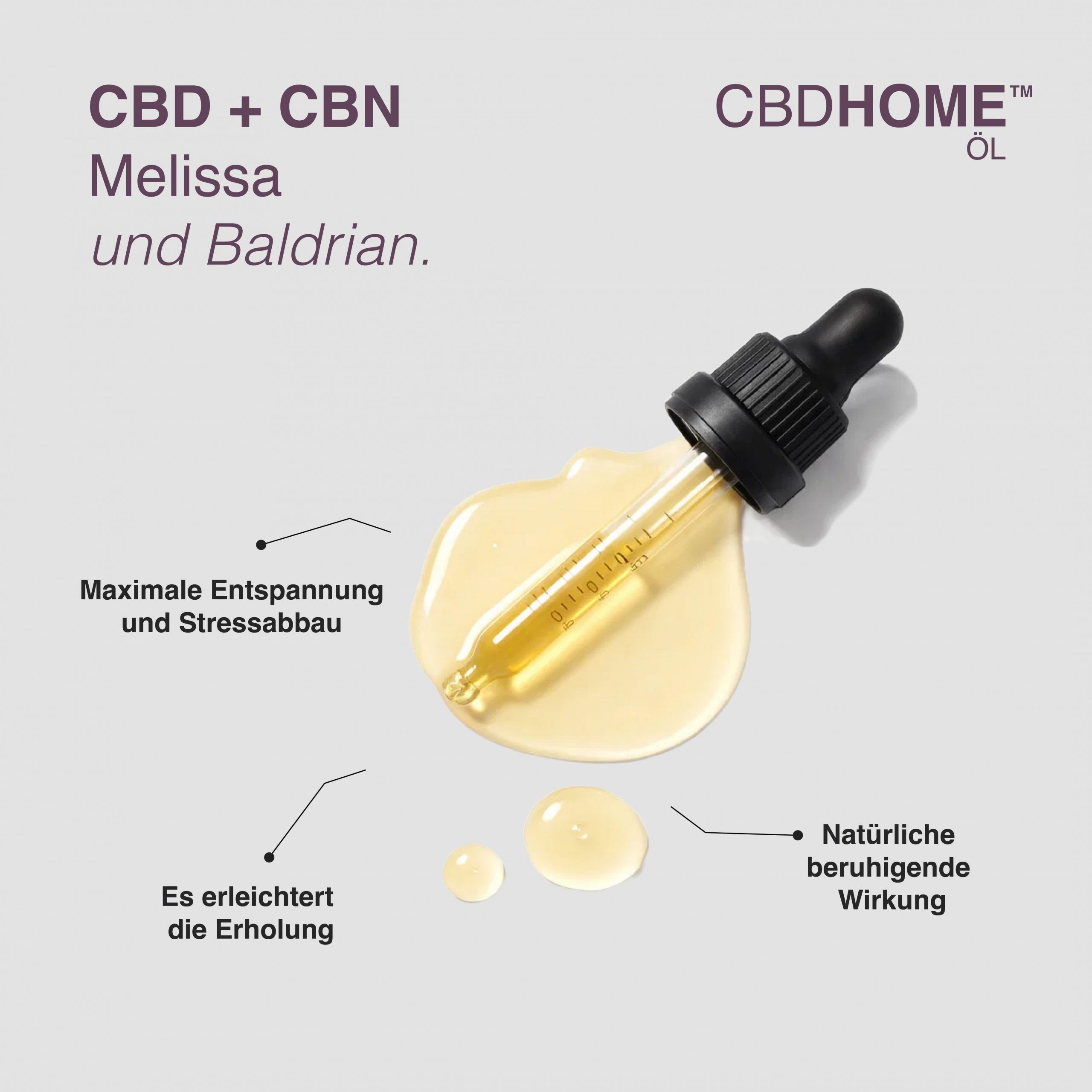 Pipette mit CBD-Öl auf einer hellen Oberfläche. Tropfen und Ölpfütze sind sichtbar.