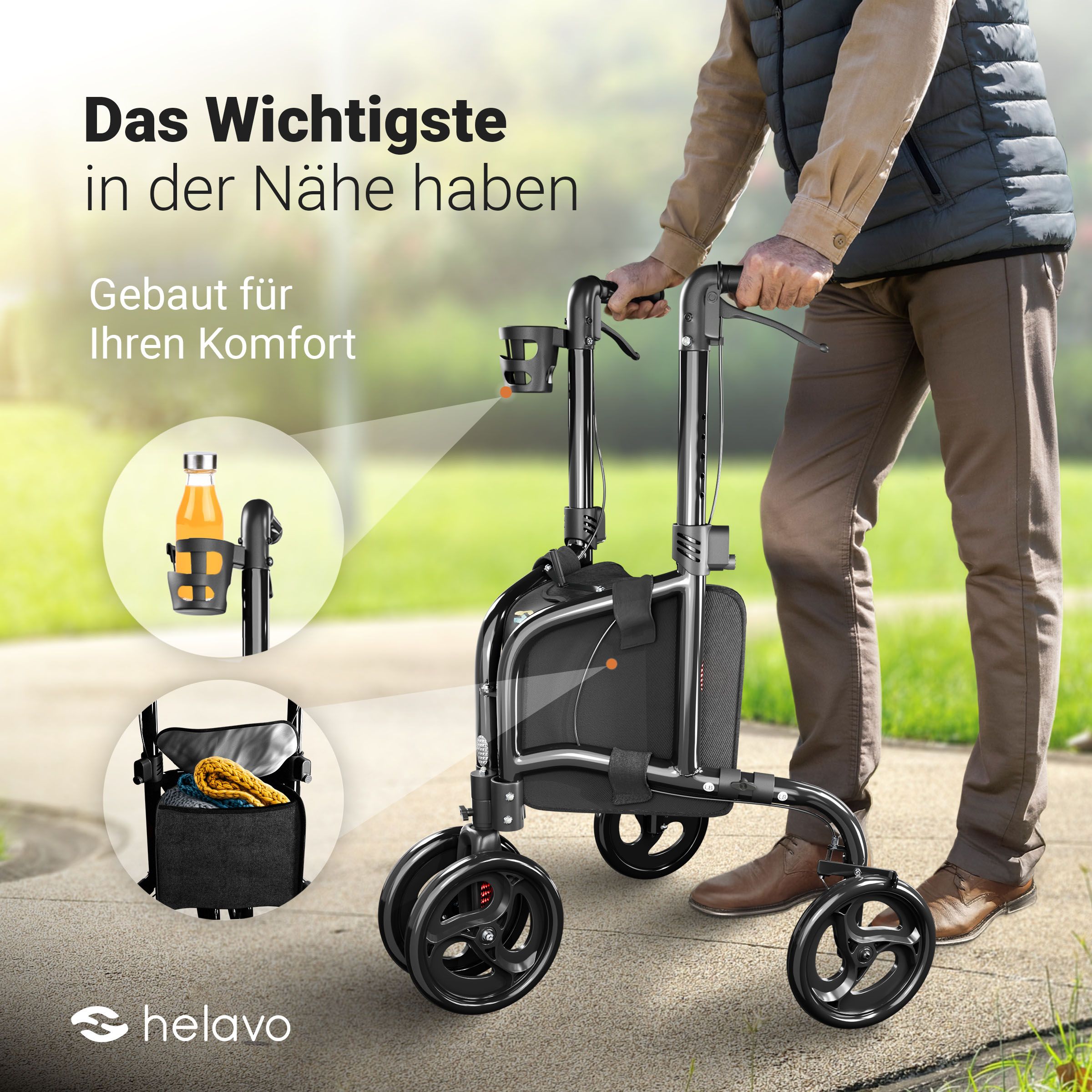 Helavo Dreiradrollator schmal faltbar 3 Raeder Aluminium All Terrain Gehhilfe 5,5kg
