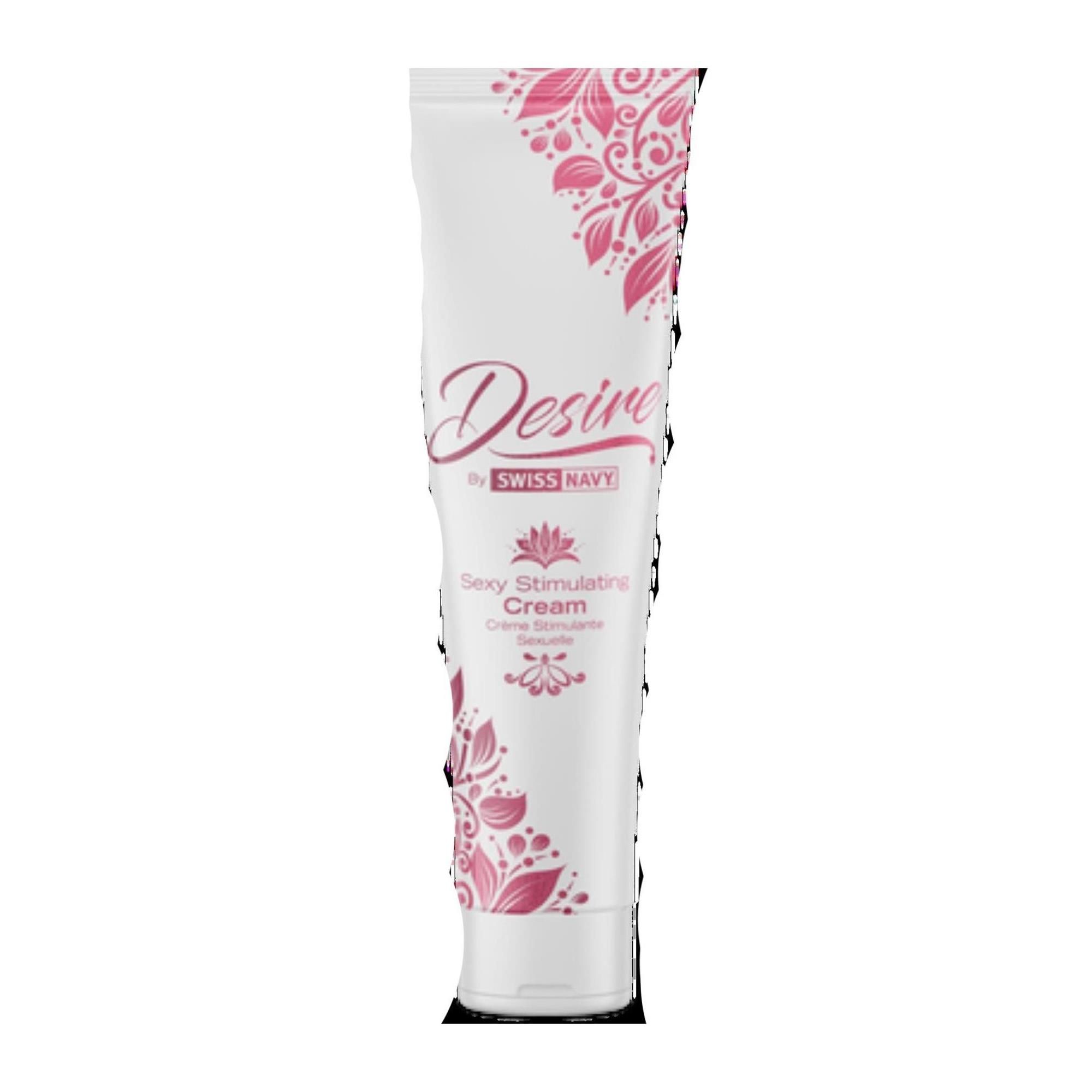 Weiße Tube mit rosa floralem Design. Text: Desire by Swiss Navy, Sexy Stimulating Cream. Creme stimulante.