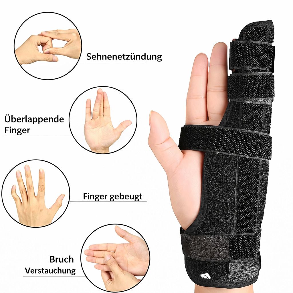 Bandage am Finger. Abbildungen zeigen: Sehnentzündung, überlappende Finger, Finger gebeugt, Bruch/Verstauchung. Schwarz.