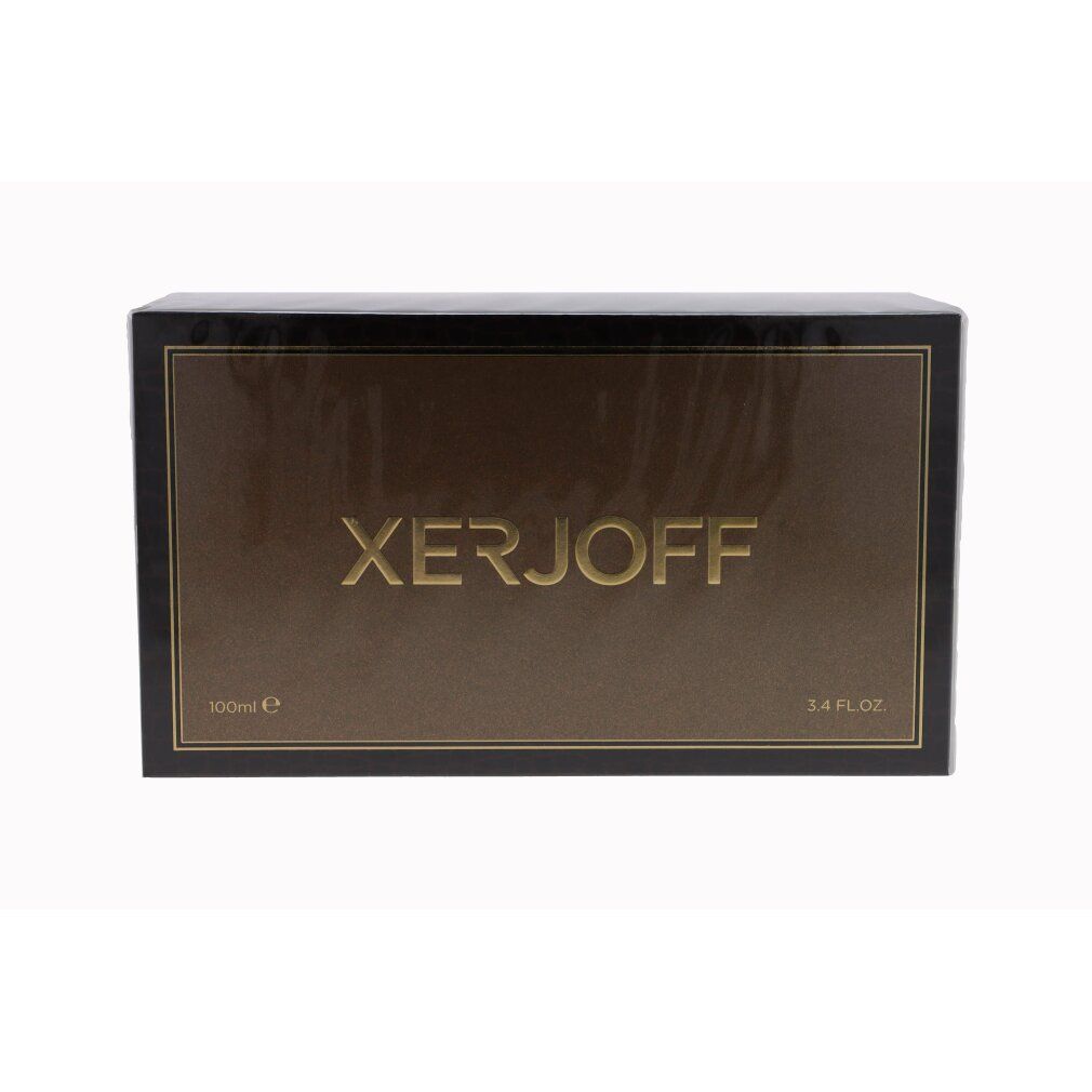 Braune rechteckige Schachtel mit goldfarbenem Schriftzug XERJOFF. Schwarzer Rahmen. Aufschrift: 100ml e, 3.4 FL.OZ.