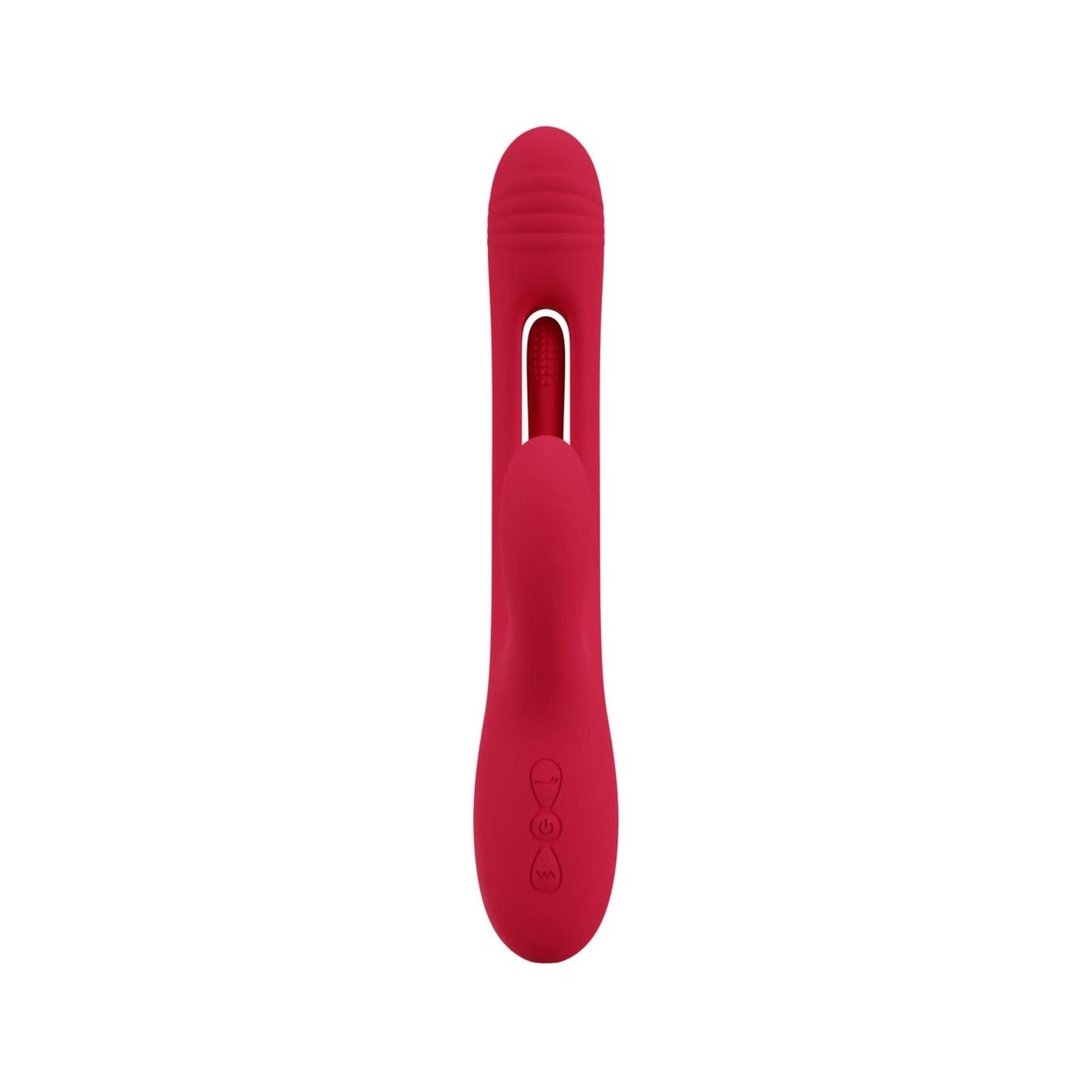 Roter Vibrator mit länglicher Form. Der Kopf ist länglich, der Schaft hat eine Öffnung. Mit drei Knöpfen.