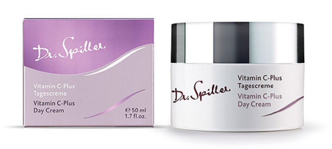 Creme-Dose und Schachtel. Aufschrift: Dr. Spiller, Vitamin C-Plus Tagescreme, 50 ml.