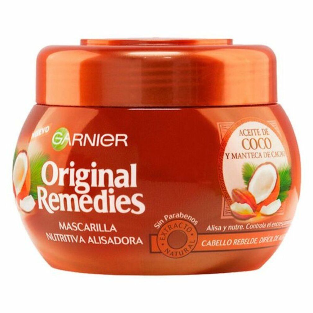 Garnier Original Remedies Maske. Braune Dose mit Deckel. Aufschrift: Kokosöl und Kakaobutter. Ohne Parabene.