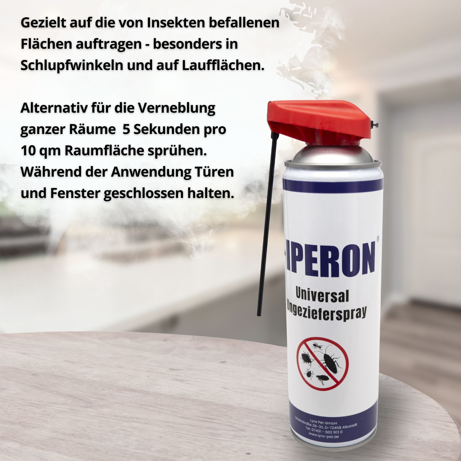 IPERON Universal Ungeziefer-Spray Dose mit Anwendungshinweisen und Dampf-Effekt.