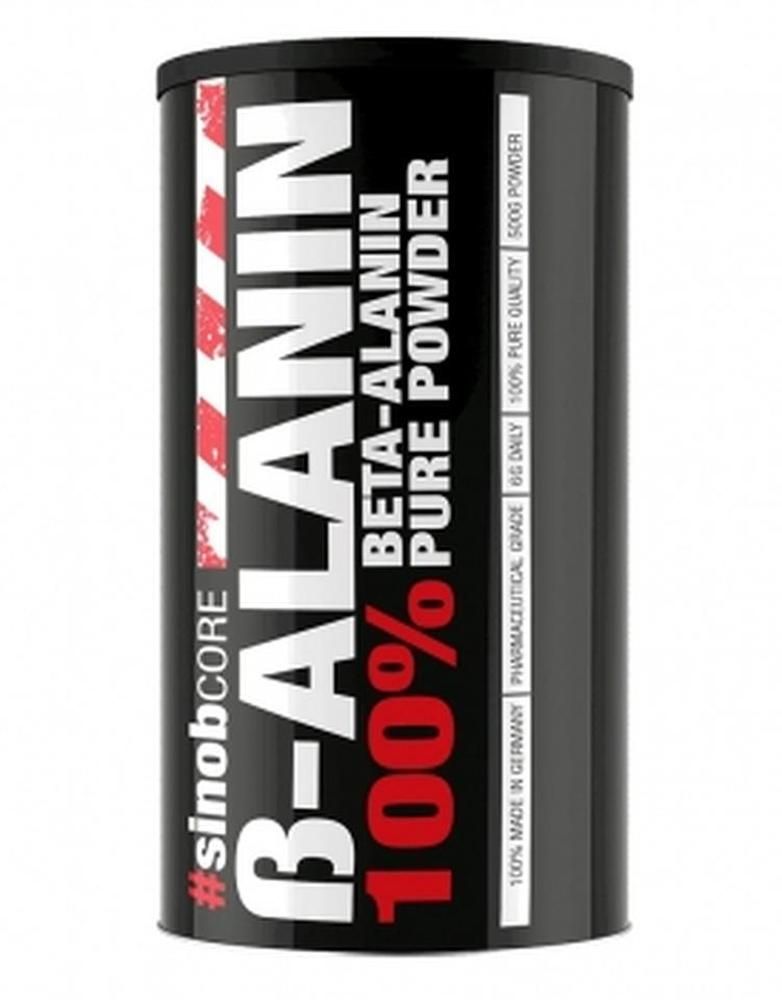 Schwarze Dose mit roter und weißer Aufschrift. Enthält Beta-Alanin Pulver. Text: 100% Pure Powder, 500g.
