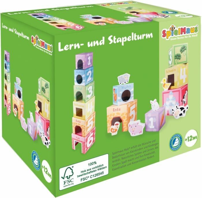 Stapelturm-Spielzeug mit bunten Würfeln und Tierfiguren. FSC-zertifiziert. Altersempfehlung: +12 Monate.