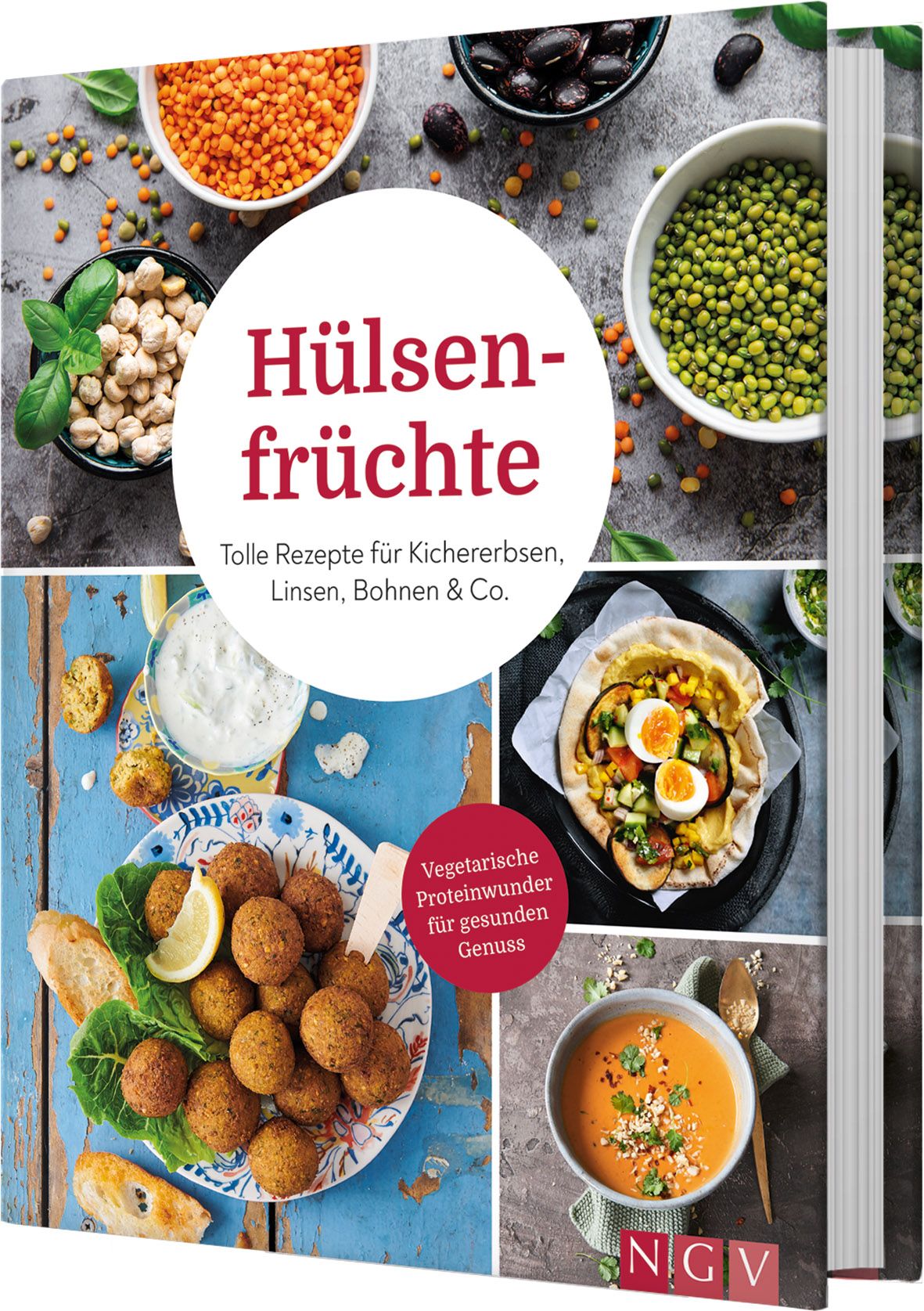 Kochbuch mit dem Titel "Hülsenfrüchte". Auf dem Cover sind verschiedene Gerichte und Zutaten abgebildet, darunter Kichererbsen und Linsen.