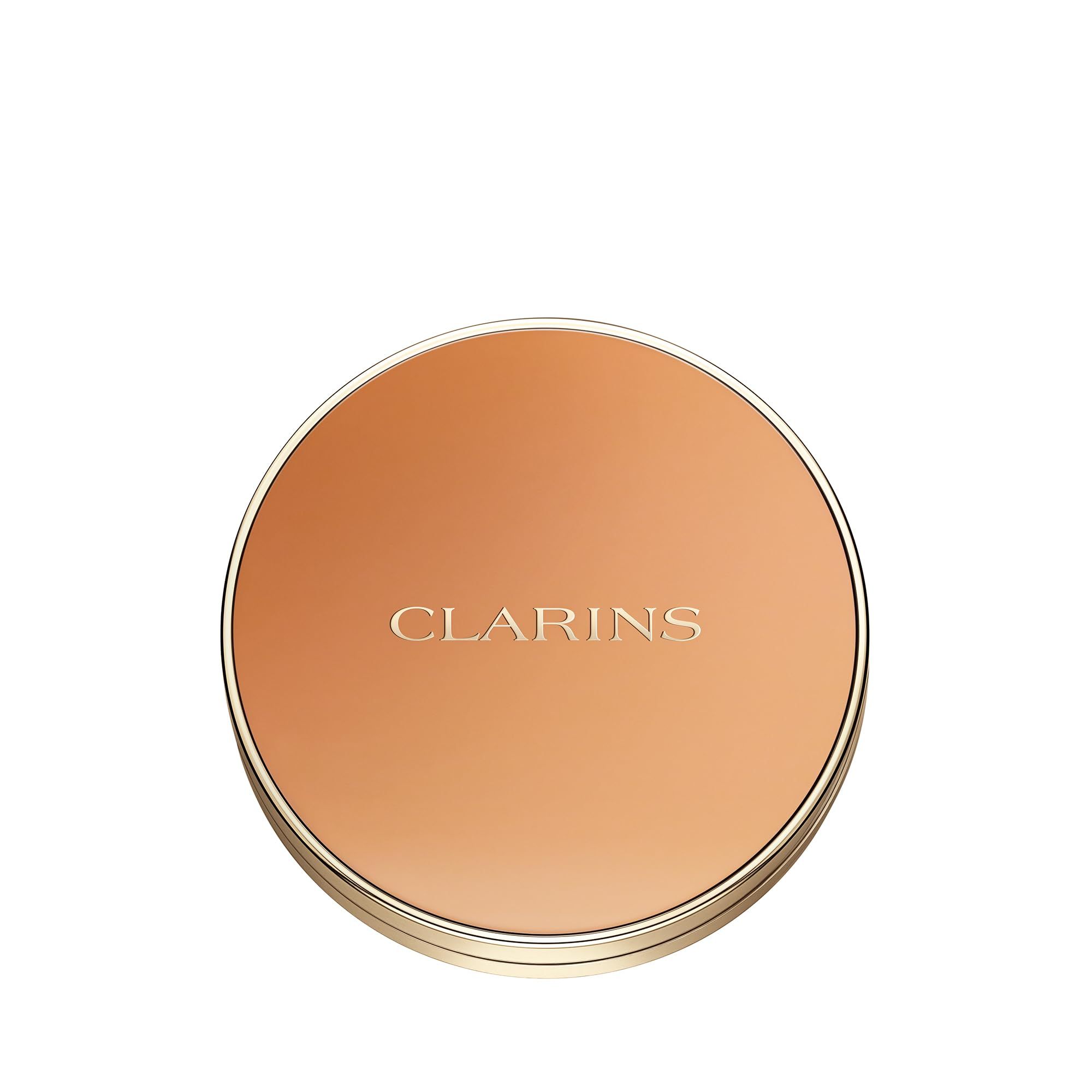 Runder Bronzer-Kompaktpuder mit goldenem Deckel. Marke: Clarins. Deckel geschlossen.