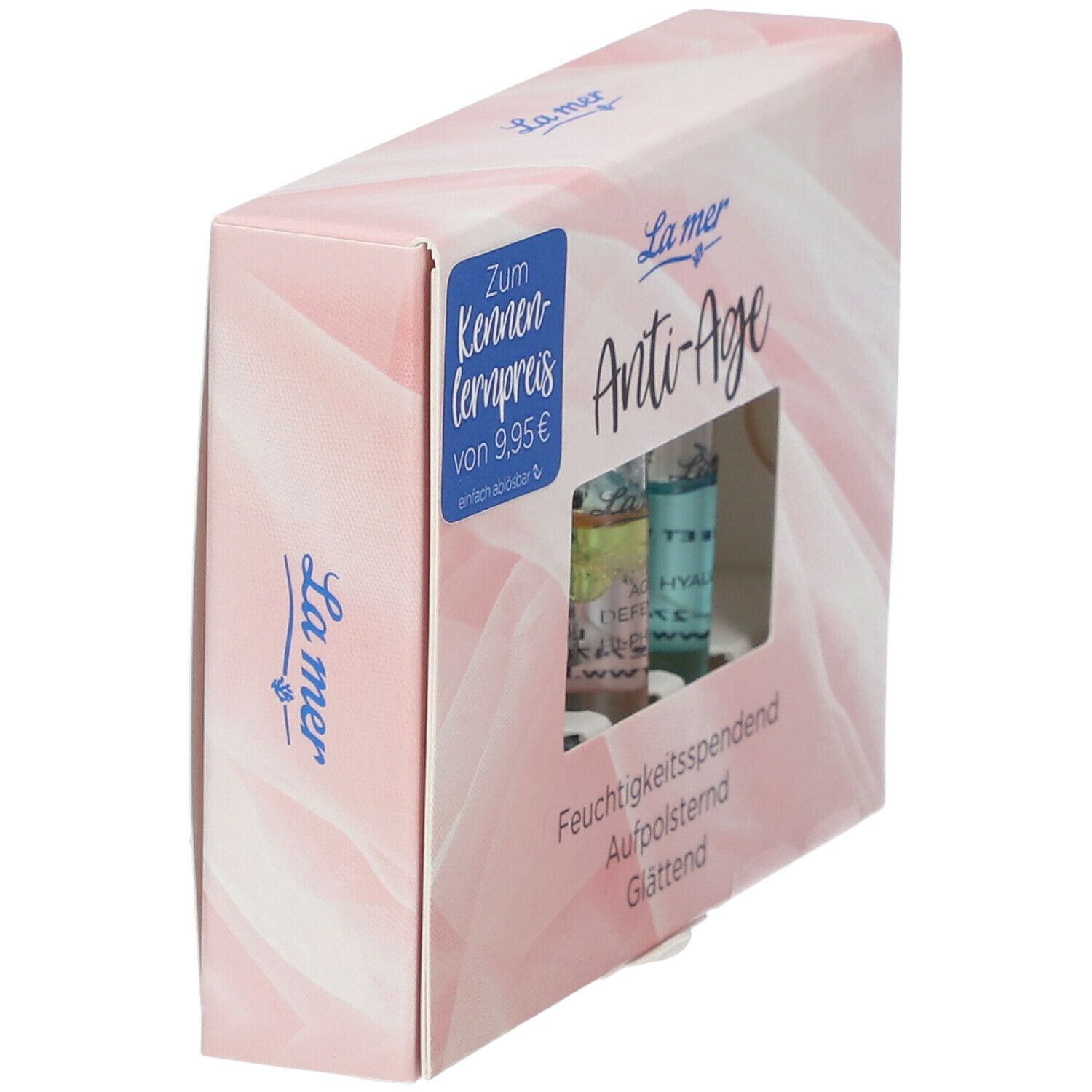 Schräg gestellte Produktverpackung mit drei Ampullen. Text: La mer Anti-Age, Feuchtigkeitsspendend, Aufpolsternd, Glättend. Zum Kennenlernpreis.