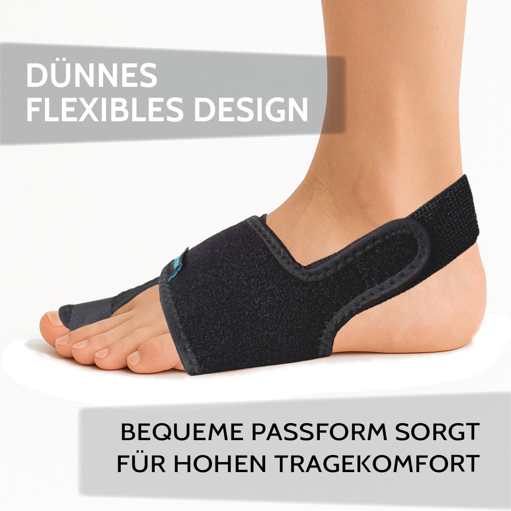 Fuß mit schwarzer AGILE NOW Hallux Valgus Bandage. Text: Dünnes flexibles Design, bequeme Passform sorgt für hohen Tragekomfort. 