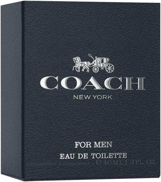 Dunkelblaue rechteckige Schachtel. Silberfarbenes Logo mit Kutsche und Schriftzug COACH NEW YORK. Text: FOR MEN, EAU DE TOILETTE.