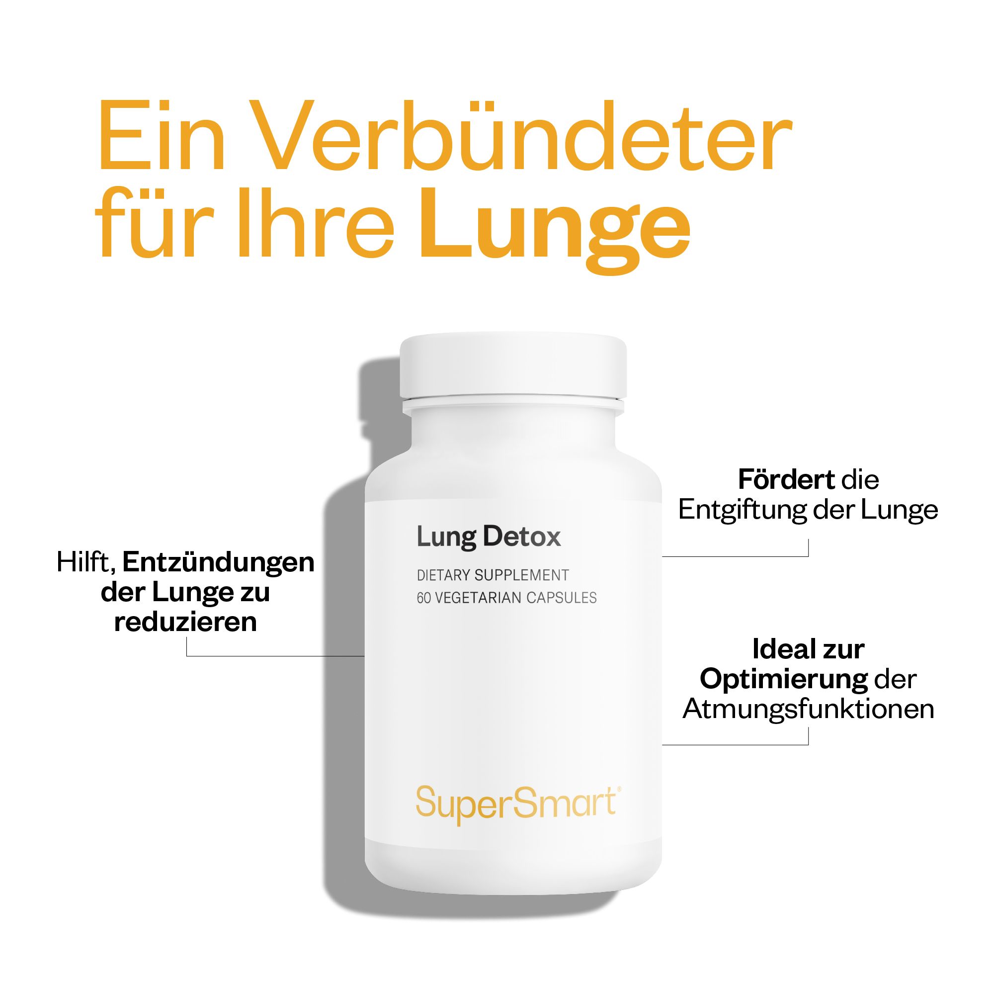 Weiße Flasche mit Produkt Lung Detox. Text: Hilft, Entzündungen der Lunge zu reduzieren. Marke: SuperSmart. 60 vegetarische Kapseln.