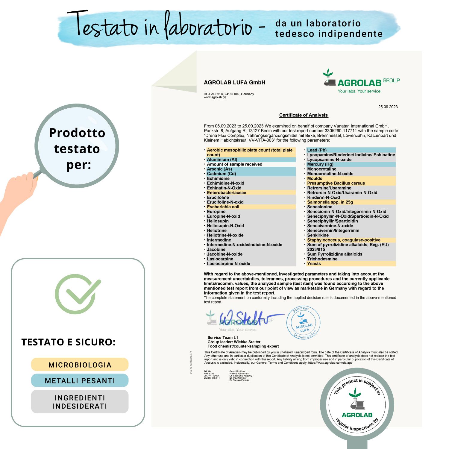 Rapporto di laboratorio di Agrolab. Testato per microbiologia, metalli pesanti, ingredienti indesiderati. Sigillo.