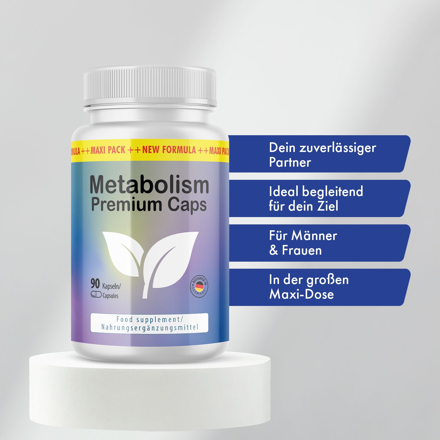 Weißes Plastikfläschchen mit Kapseln. Aufschrift: Metabolism Premium Caps, 90 Kapseln. Mit Blättern und Deutschland-Flagge.