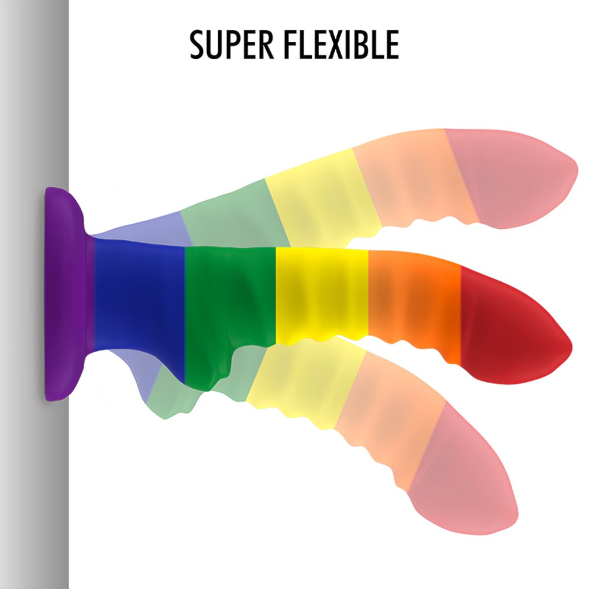 Drei Regenbogen-Dildos, flexibel dargestellt. Text: SUPER FLEXIBLE.