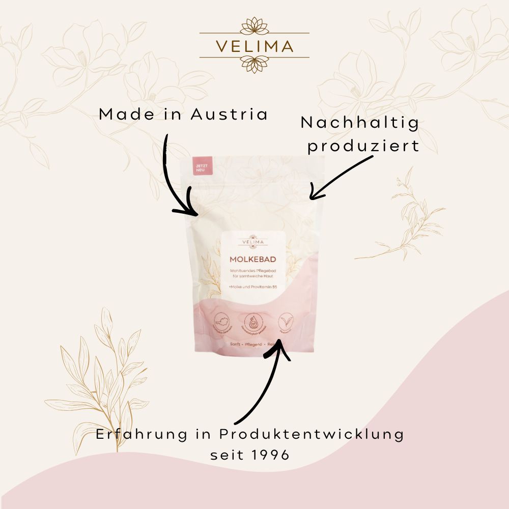 Produktverpackung Velima Molkebad Natur. "Made in Austria" und "Nachhaltig produziert". Erfahrung seit 1996.