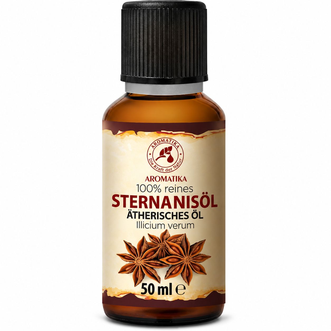 Flasche mit 100 ml Jasminöl, umgeben von Jasminblüten und Blättern.