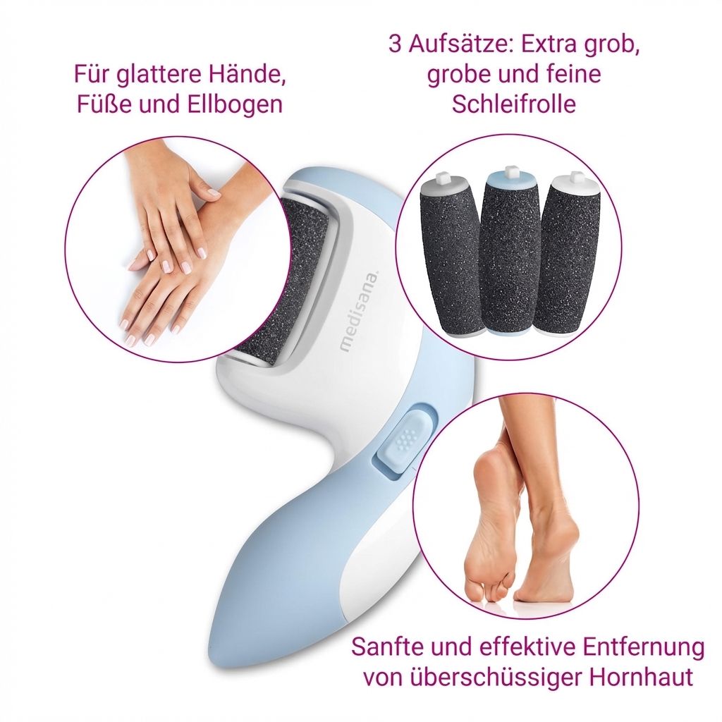 Hornhautentferner für Hände, Füße, Ellbogen mit drei Aufsätzen.