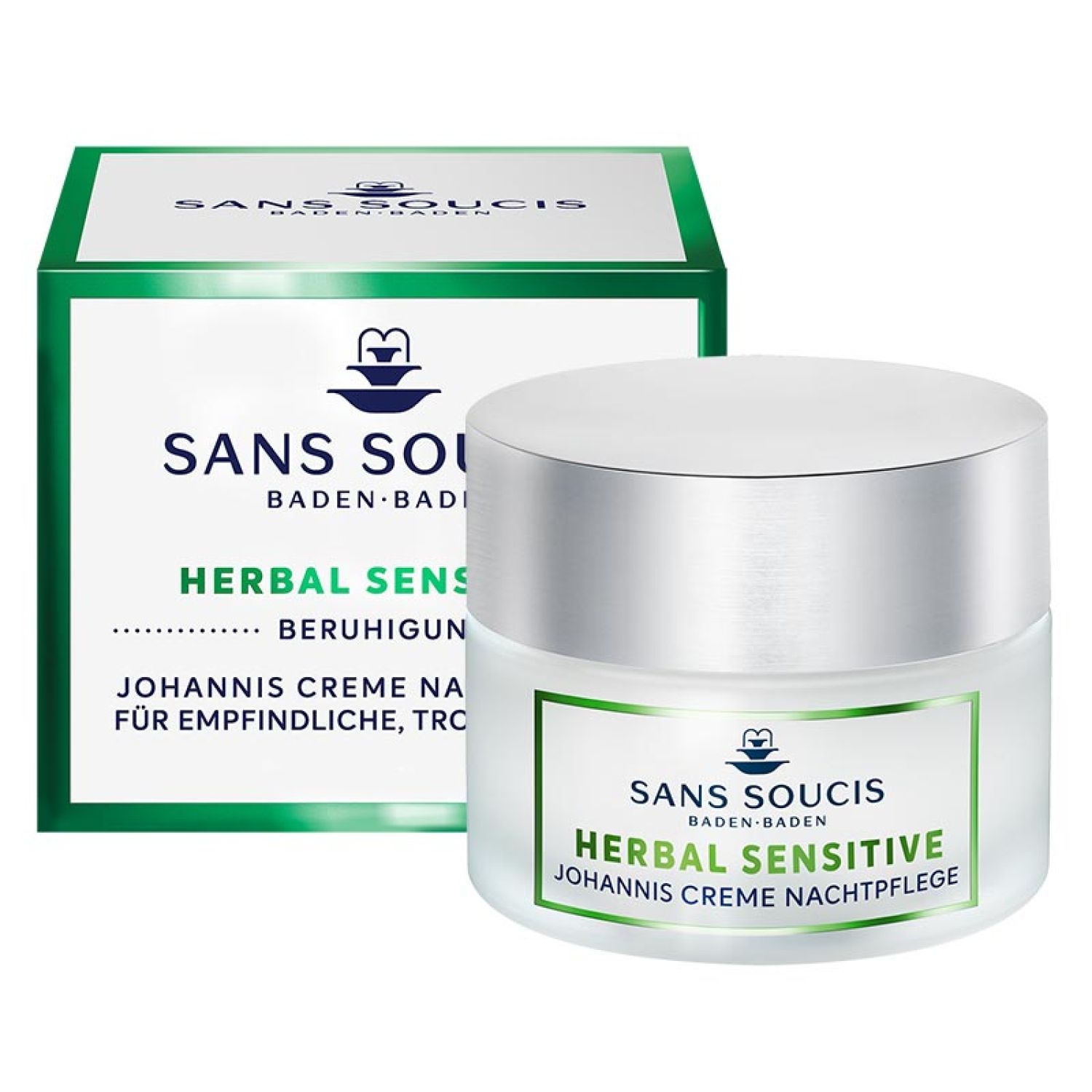 Creme-Tiegel und Schachtel. Aufschrift: SANS SOUCIS, HERBAL SENSITIVE, Johannis Creme Nachtpflege. Grüne und weiße Verpackung.