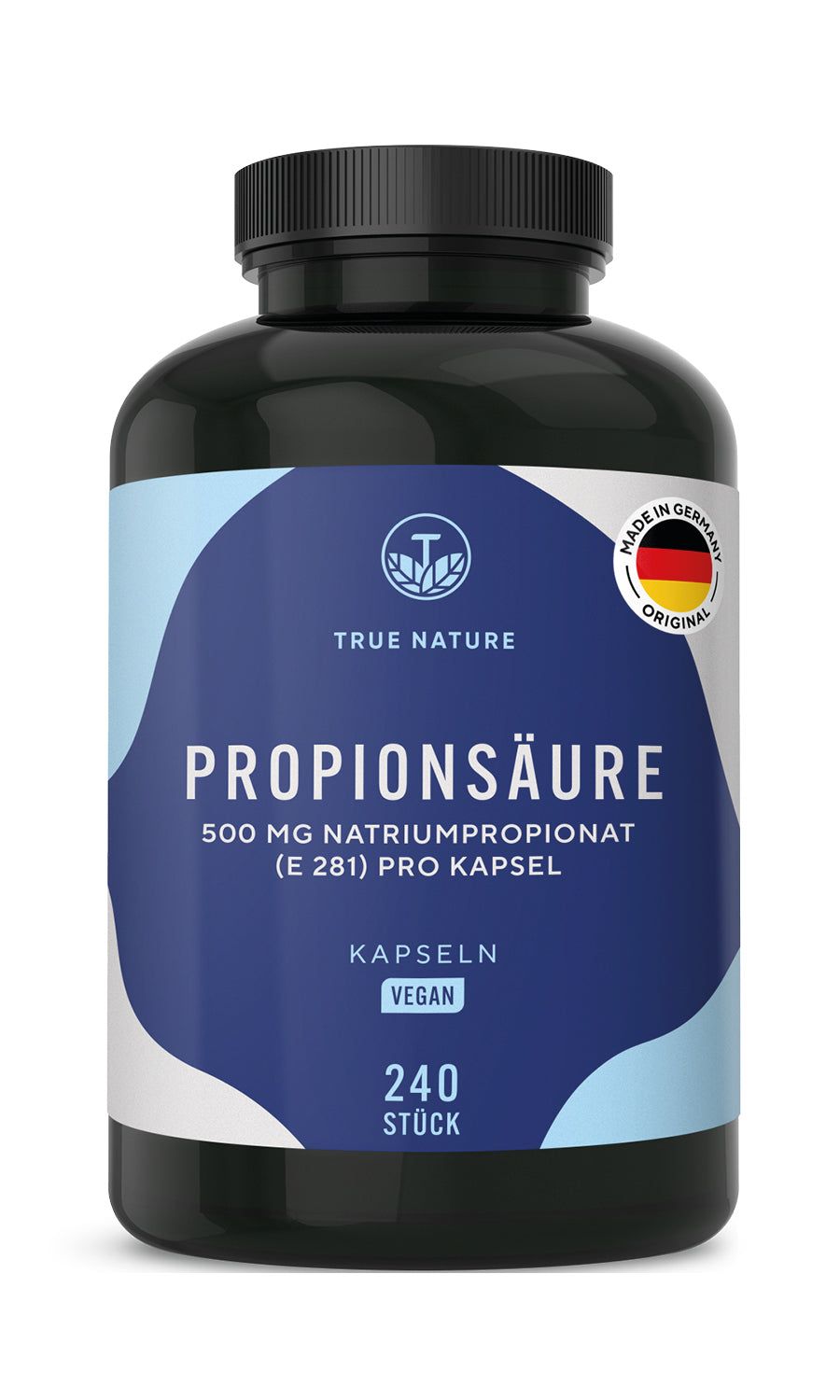 Dunkle Flasche mit Kapseln. Aufschrift: Propionsäure, 500 mg Natriumpropionat, Kapseln, vegan, 240 Stück. Made in Germany.