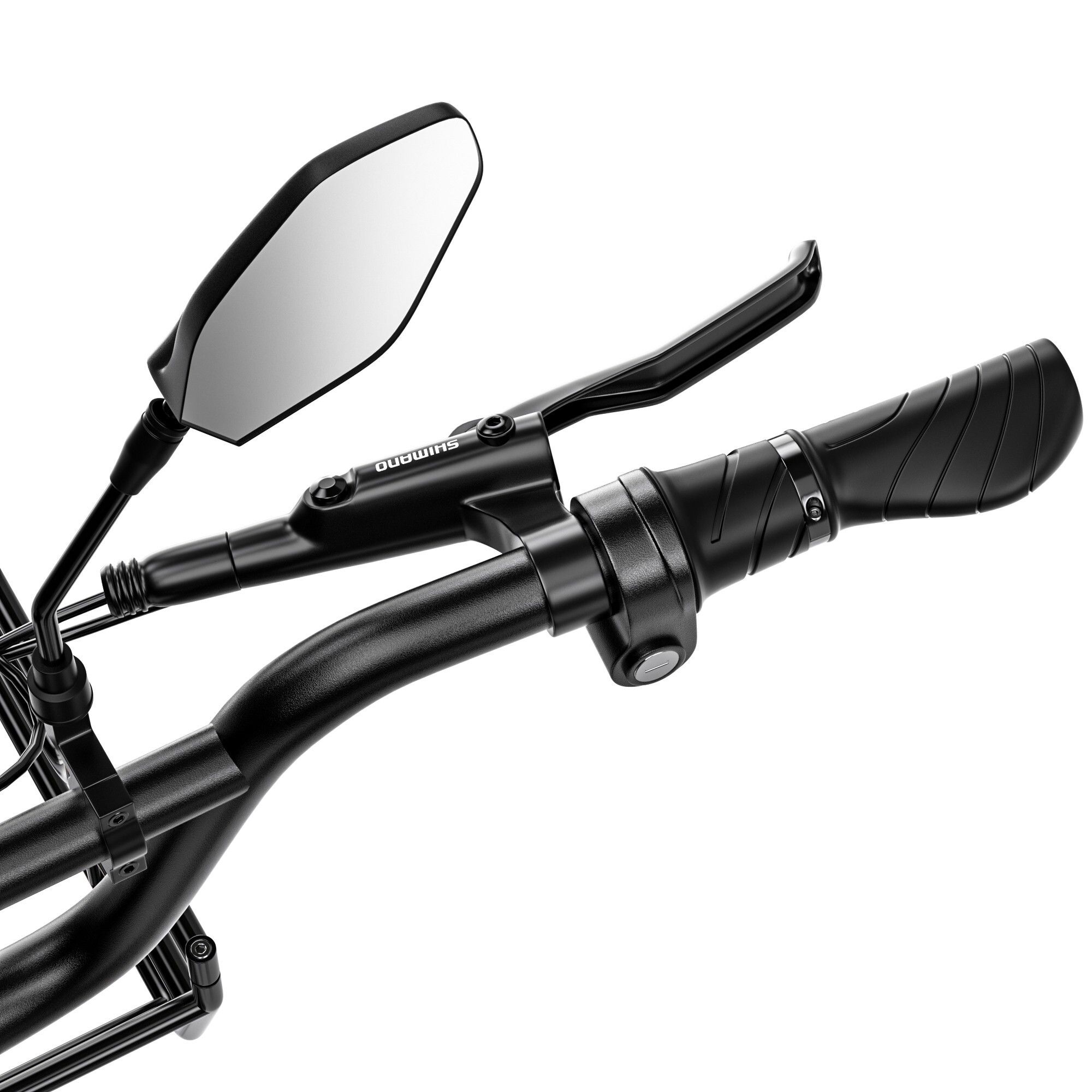 Nahaufnahme des Lenkers eines Elektro-Dreirads mit Spiegeln, Bremshebeln und Griffen.