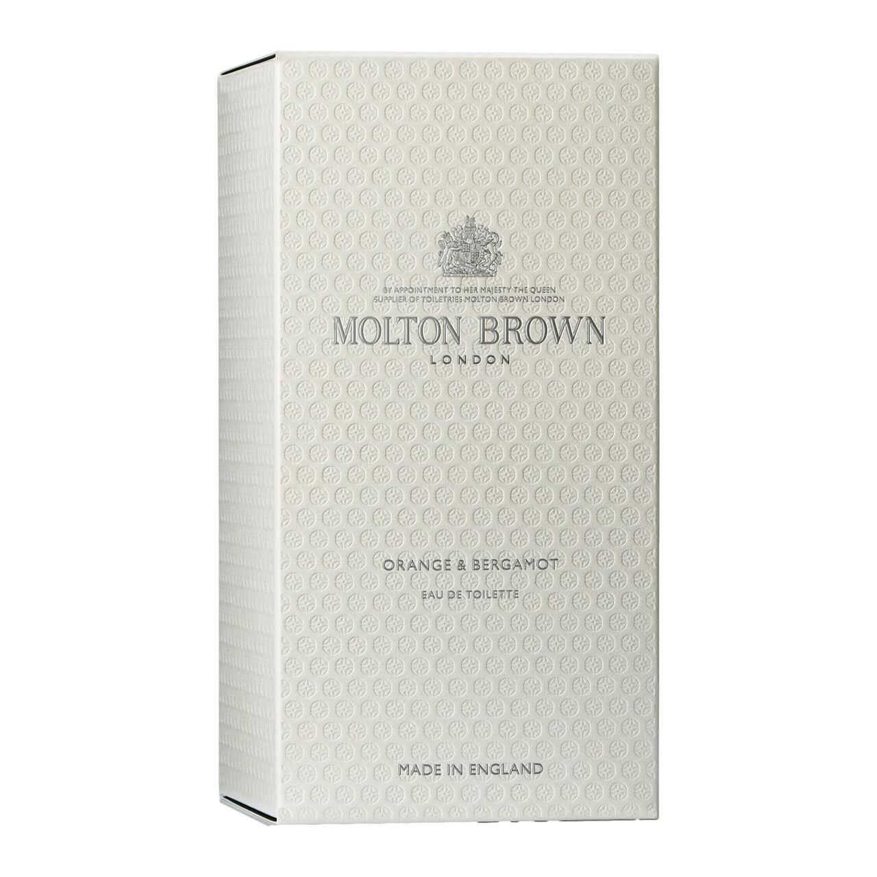 Weiße Verpackung mit geprägtem Muster. Aufschrift: Molton Brown, Orange & Bergamot, Eau de Toilette. Logo oben.
