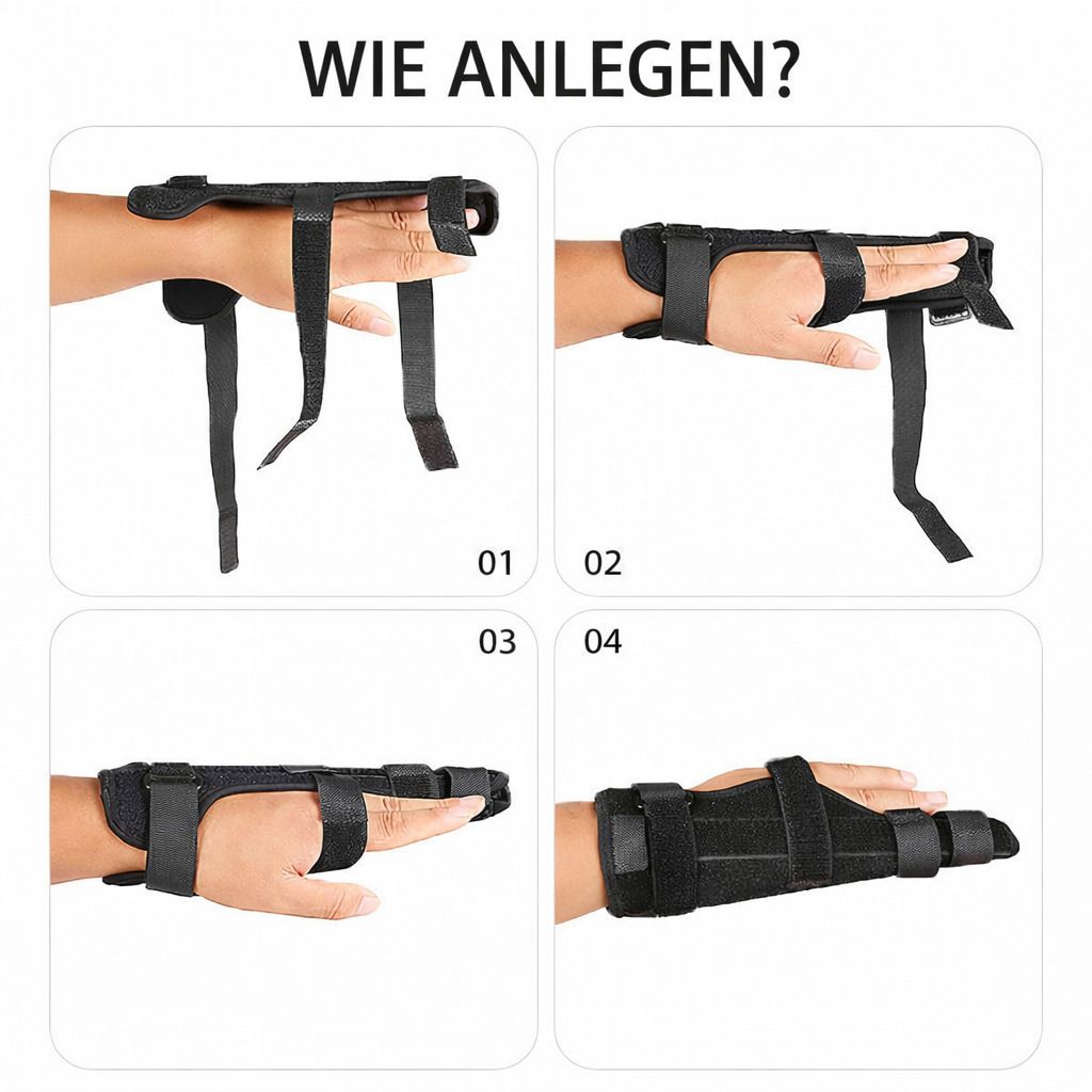 Anleitung zur Anwendung der Bandage. Vier Schritte mit Bildern. Schwarze Bandage mit Klettverschlüssen.