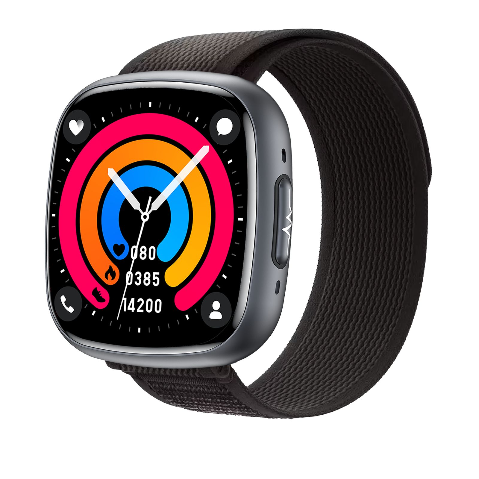 Smartwatch mit schwarzem Stoffarmband. Display mit farbigen Kreisen und Ziffern. Seitliche Taste.