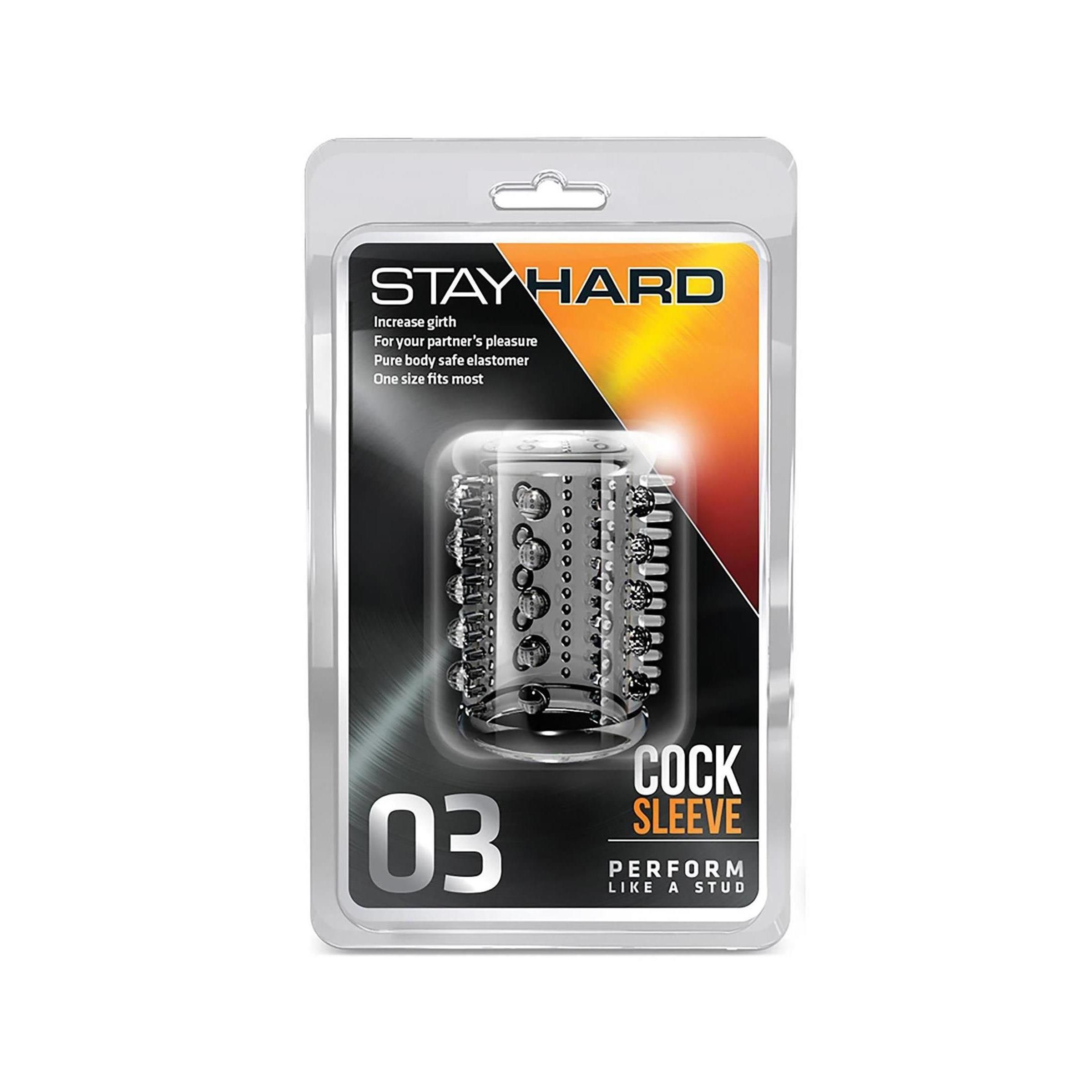 Verpackung mit Sleeve. Aufschrift: STAY HARD, COCK SLEEVE 03. Produkt in Blisterverpackung.