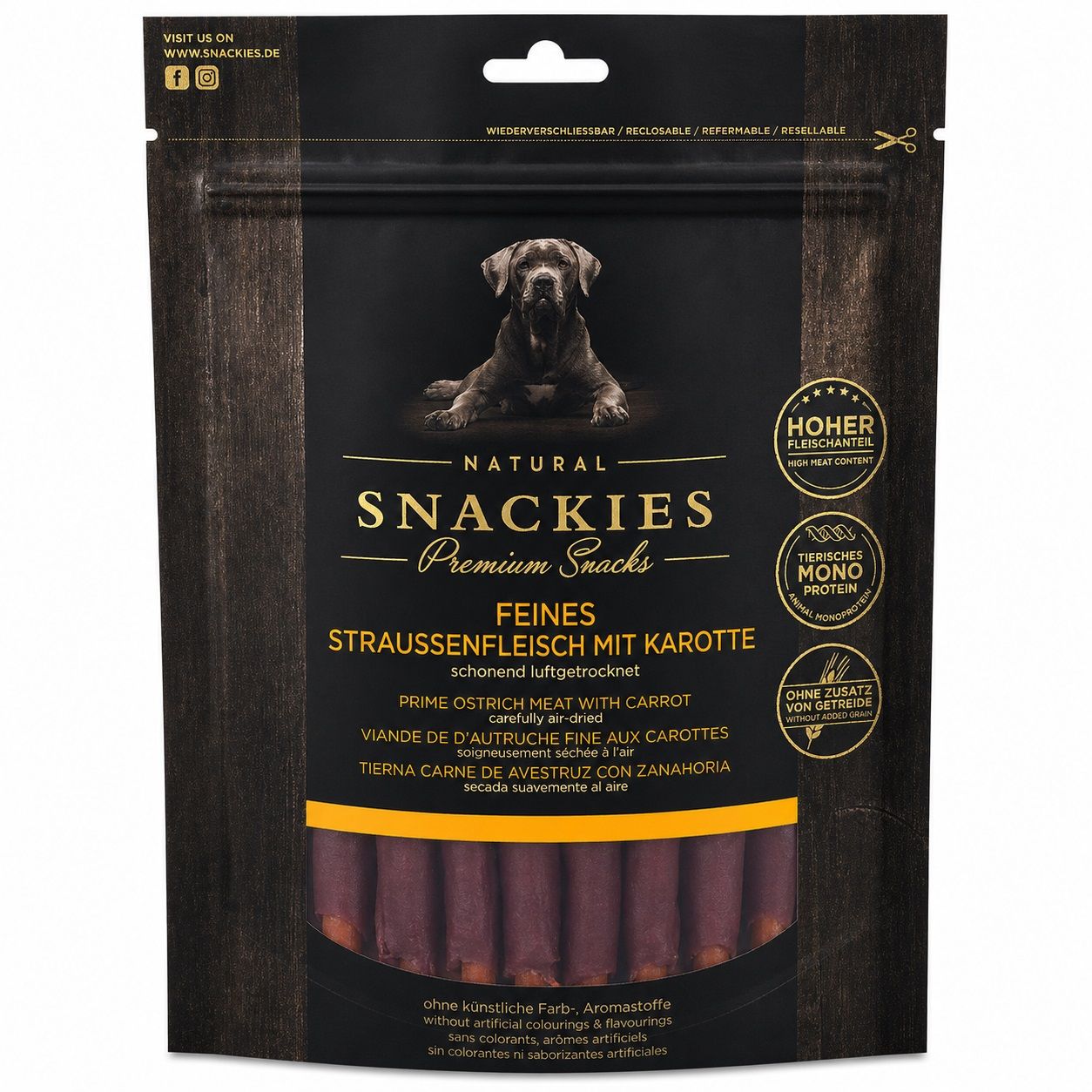 Snackies Feines Straussenfleisch mit Karotte - Single-Protein Snack für Hunde 150 g Futter