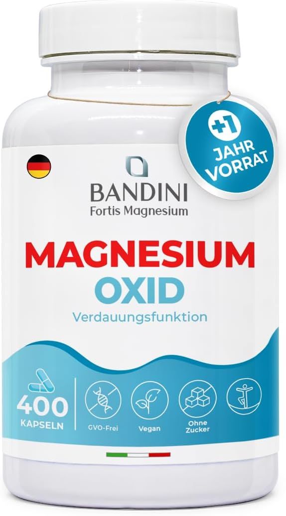 Weiße Flasche mit blauem Etikett. Aufschrift: Magnesium Oxid. 400 Kapseln. +1 Jahr Vorrat.