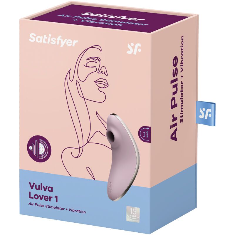 Verpackung mit Produktabbildung. Aufschrift: Satisfyer, Vulva Lover 1, Air Pulse Stimulator + Vibration.