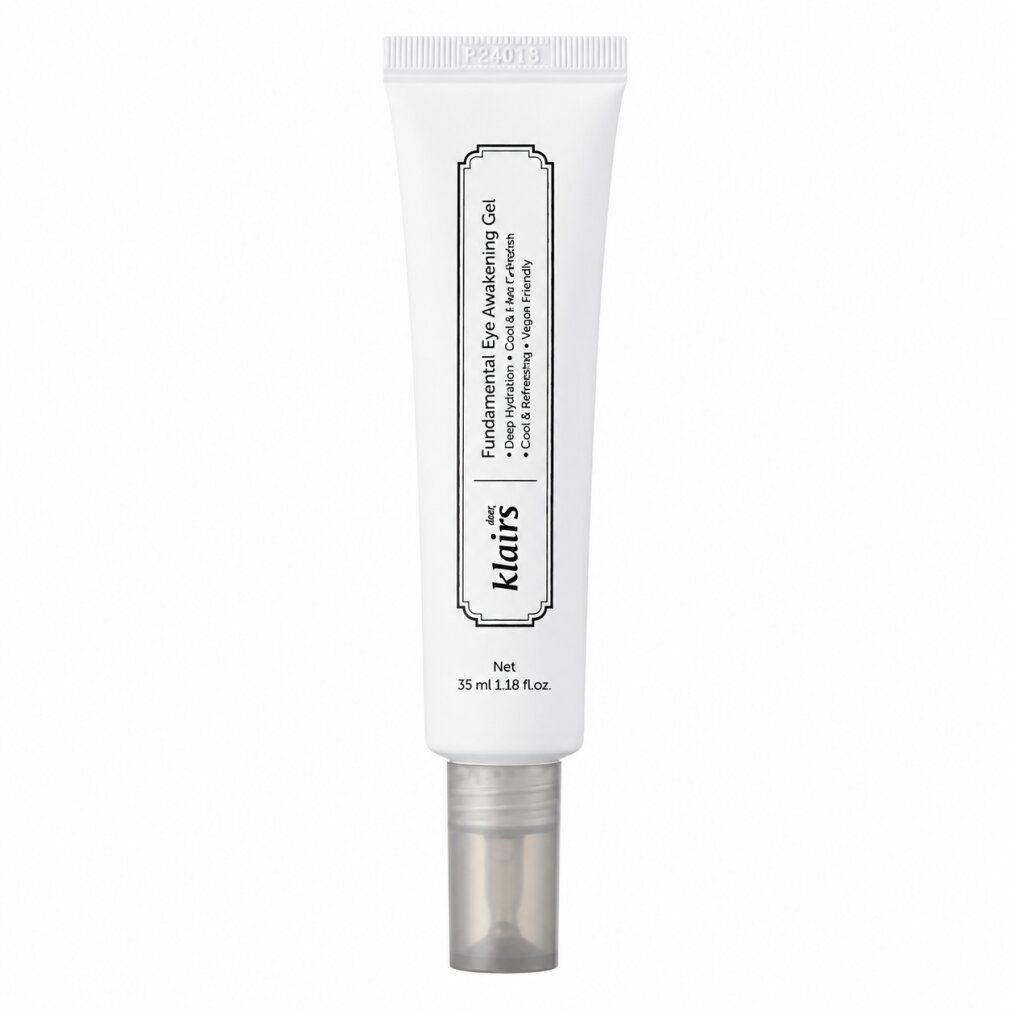 Klairs Fundamental Eye Awakening Gel in einer weißen Tube mit silbernem Verschluss.