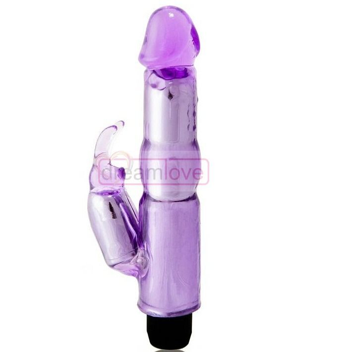Lila Vibrator mit Hasenohren-Aufsatz und schwarzem Ende. Aufschrift 'dreamlove'.
