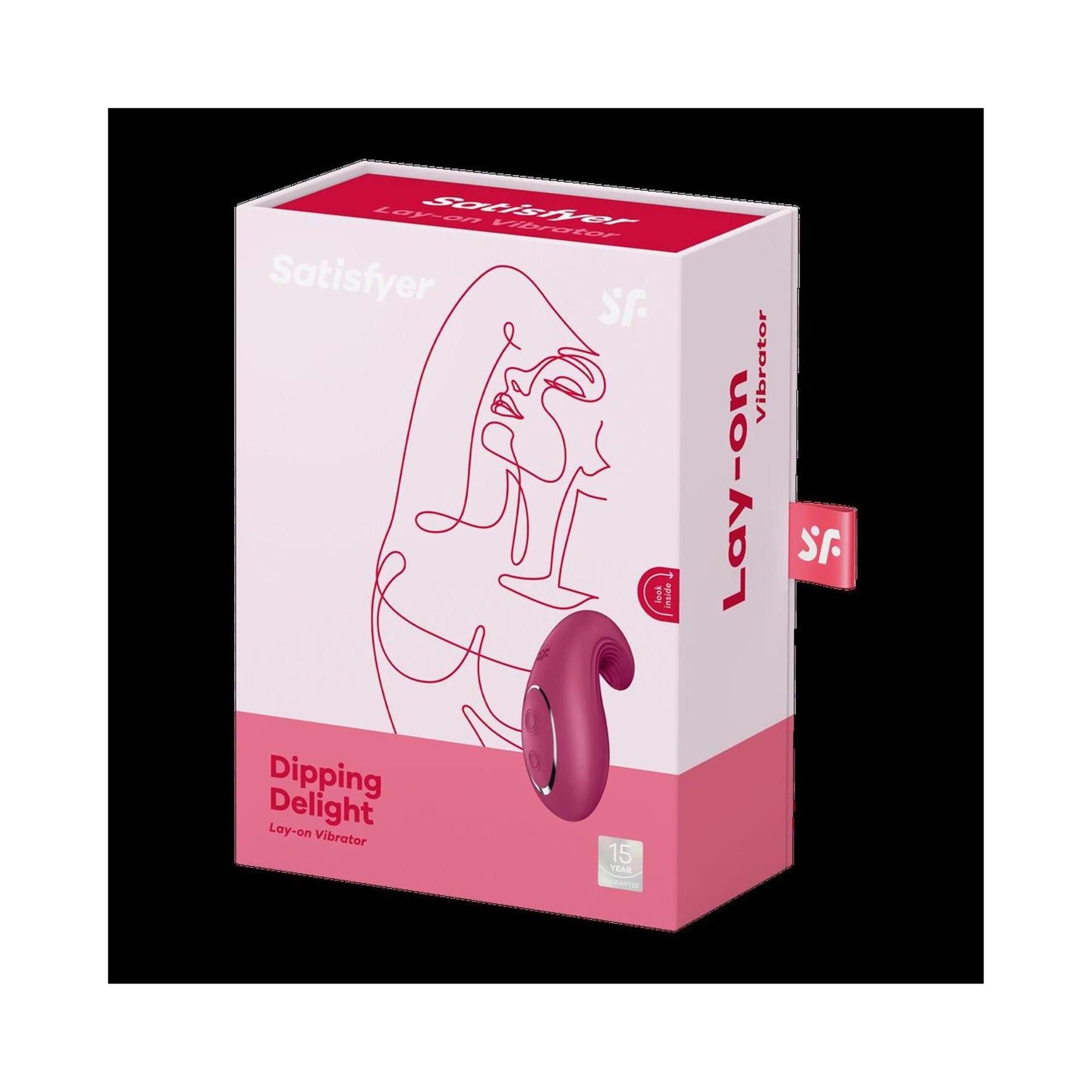 Verpackung von Satisfyer Dipping Delight. Rosa Box mit Produktabbildung und Schriftzug. Lay-on Vibrator.