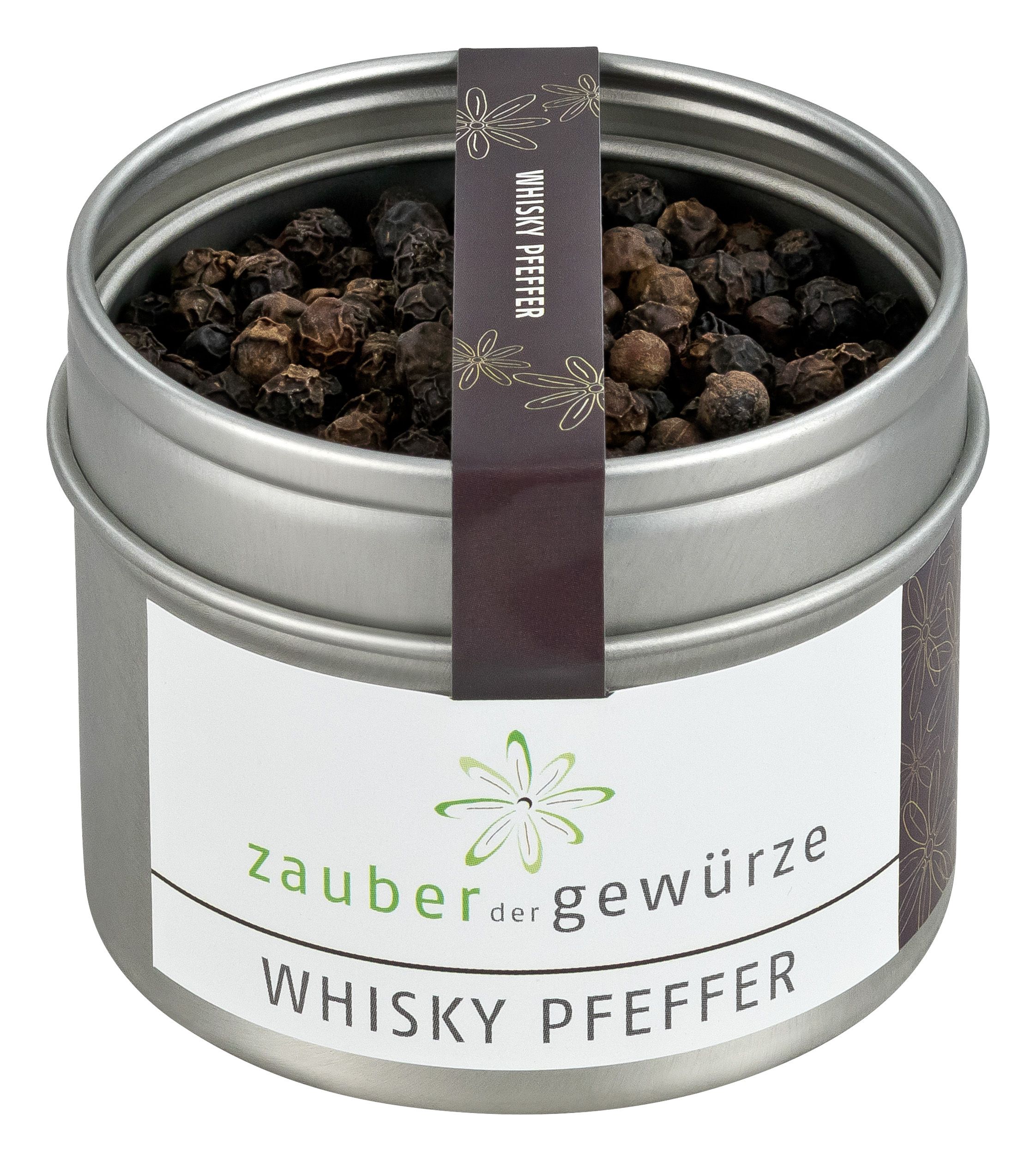 Runde Dose mit Whisky Pfeffer. Aufkleber mit Produktname und Logo. Brauner Streifen mit "Whisky Pfeffer" Schriftzug.