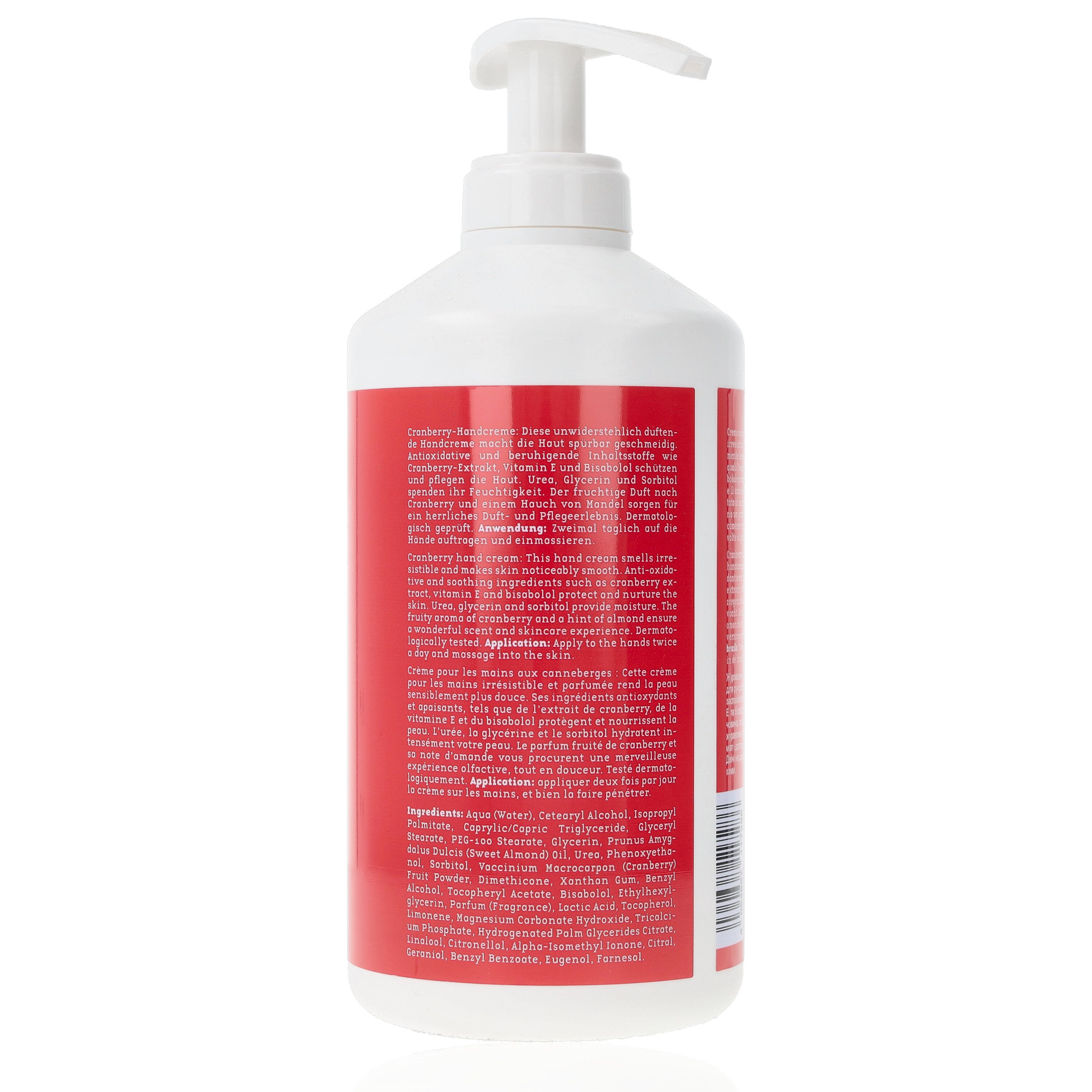 Rückseite einer weißen Flasche mit rotem Etikett. Text in mehreren Sprachen. Enthält Inhaltsstoffe und Anwendungshinweise.