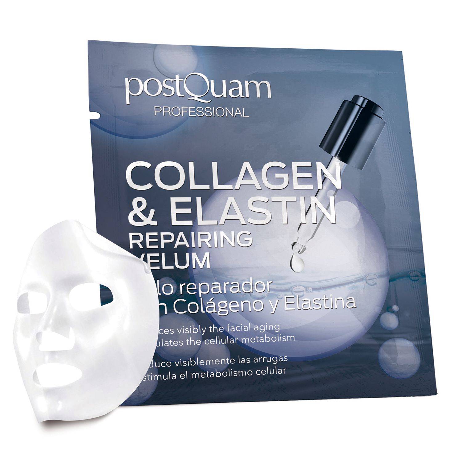 Produktverpackung mit Text: Collagen & Elastin Repairing Velum. Eine Gesichtsmaske liegt daneben. Marke: postQuam PROFESSIONAL.