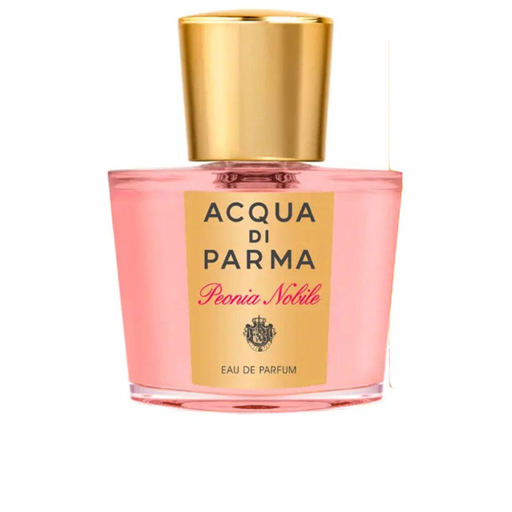 Glasflakon mit goldfarbenem Deckel. Aufschrift: Acqua di Parma Peonia Nobile. Rosa Flüssigkeit sichtbar.