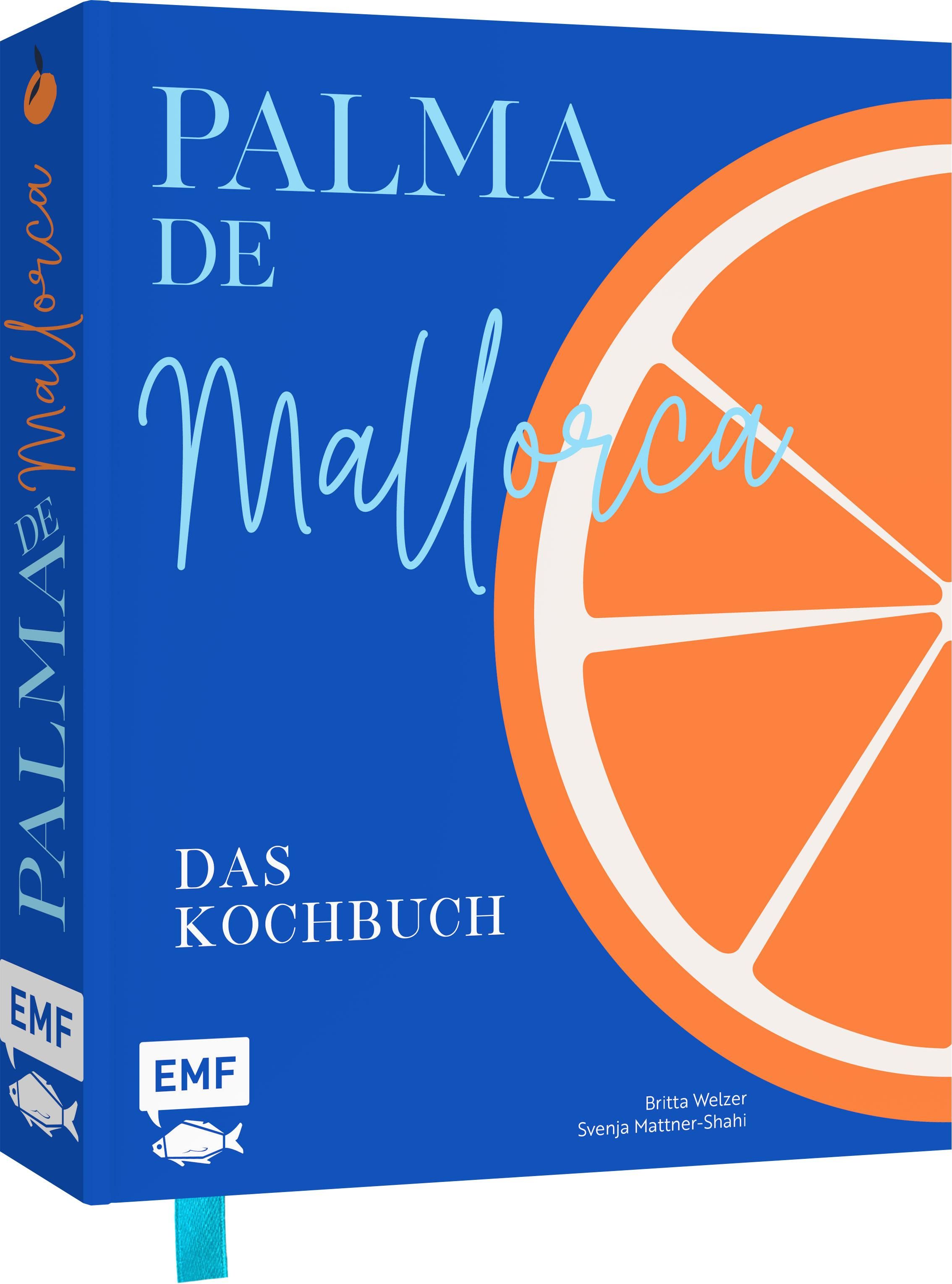 Buchcover: Palma de Mallorca – Das Kochbuch. Blaues Cover mit Orangenscheibe. Titel und Autorennamen sichtbar.