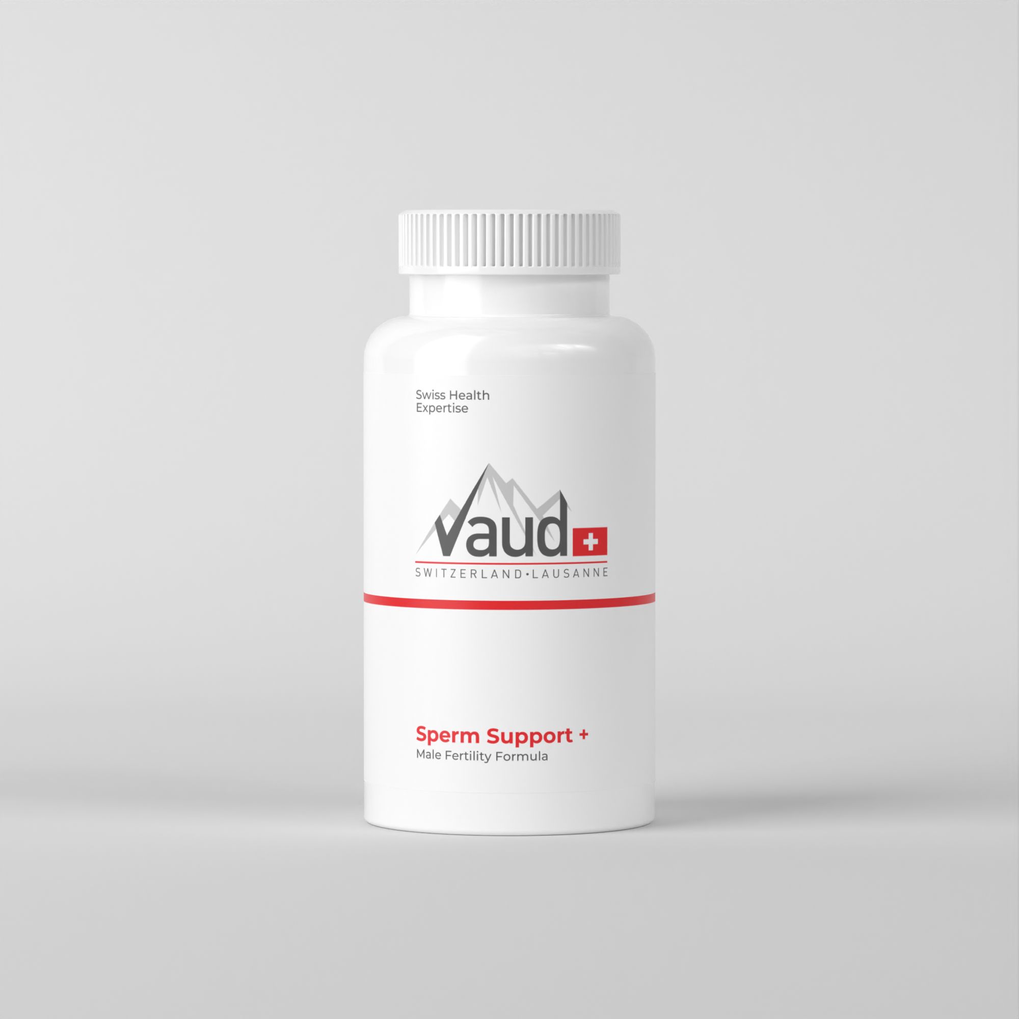 Weiße Flasche mit roter und schwarzer Beschriftung. Vaud-Logo mit Schweizer Kreuz. Text: Sperm Support + Male Fertility Formula.