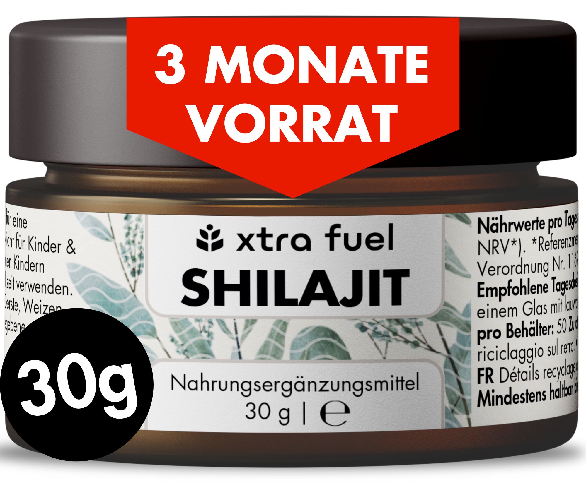 Braune Dose mit rotem Aufkleber. Text: 3 Monate Vorrat. XTRA FUEL Shilajit, 30g. Nahrungsergänzungsmittel.